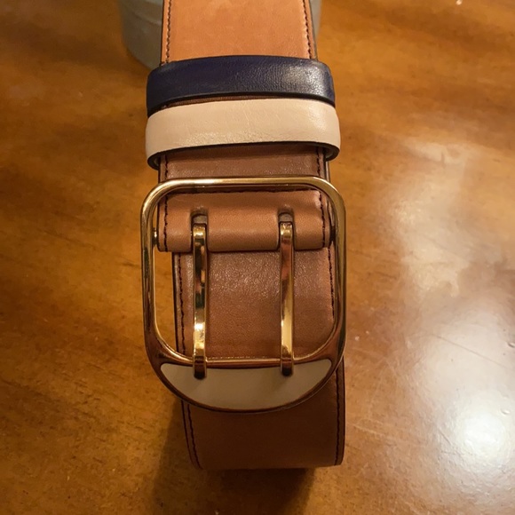 Ann Taylor Wide Leather Trouser Belt. Medium,Tan, Navy, Gold Excellent Condition - Picture 5 of 12